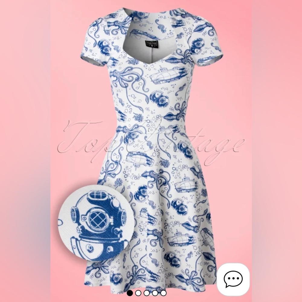 Vintage Retro Swing Dress with a Diver Print Sweetheart Neckline XL X-Large